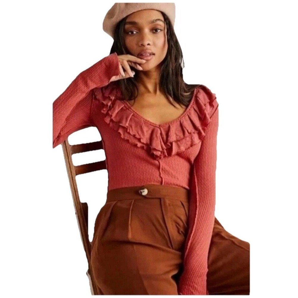 Free People Bennet Ruffles v Neck Slit Cuff Long sleeve Thermal Top S/P Linen